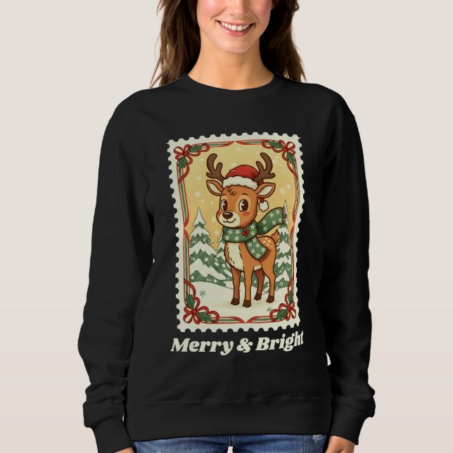 Merry & Bright Reindeer Christmas Postage Stamp Sweatshirt (Front)