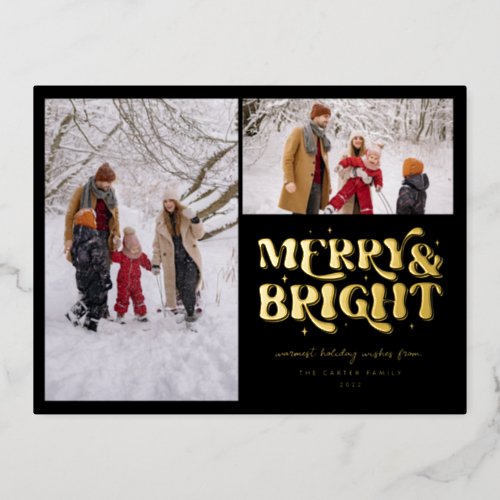 Merry  Bright Retro 2 Photo Foil Holiday Postcard