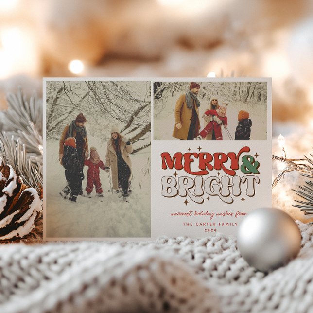 Merry & Bright Retro 2 Photo Holiday Card (Creator Uploaded)