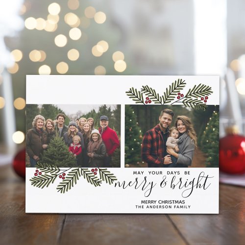 Merry Bright Retro 2 photo Modern Pine Branches Holiday Card