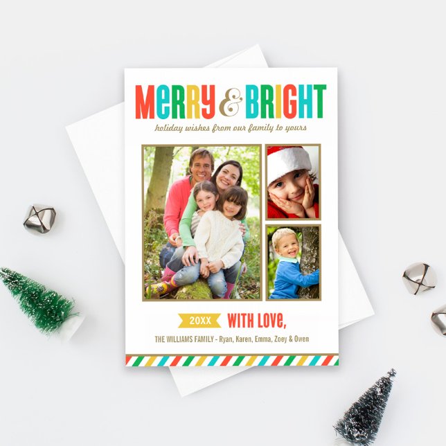 Merry & Bright Retro 3 Photo Collage Holiday Card (Creator Uploaded)