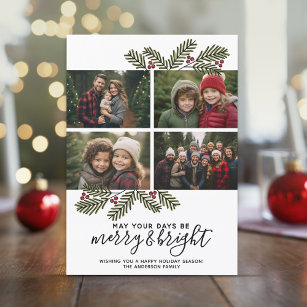 Merry Bright Retro 4 photo Christmas Pine Branches Holiday Card