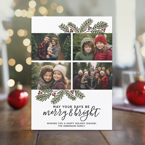 Merry Bright Retro 4 photo Christmas Pine Branches Holiday Card