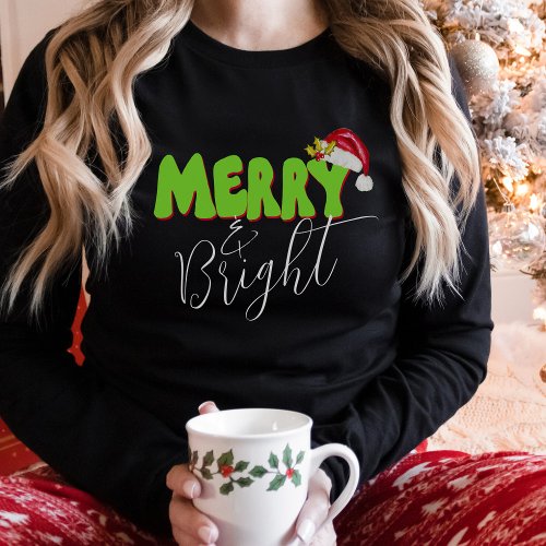 Merry Bright Retro 80s Font Santa Hat Green Red T_Shirt