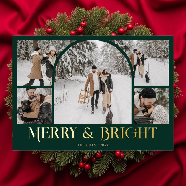 Merry Bright Retro Arch Photo Collage Foil Holiday Card (Creator Uploaded)