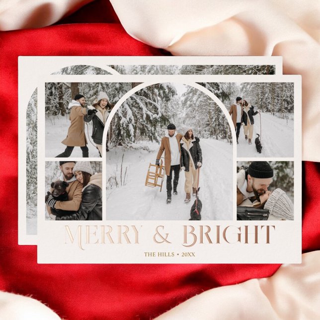 Merry Bright Retro Arch Photo Collage Foil Holiday Card (Creator Uploaded)