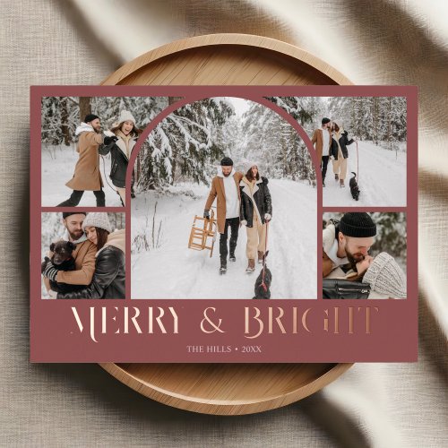 Merry Bright Retro Arch Photo Collage Foil Holiday Card