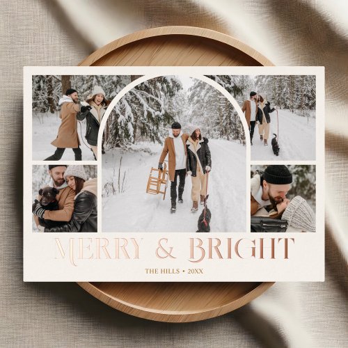 Merry Bright Retro Arch Photo Collage Foil Holiday Card