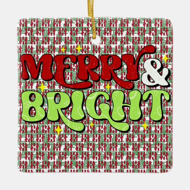Merry & Bright - Retro Christmas Happy Holidays Ceramic Ornament (Front)