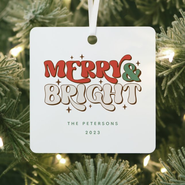 Merry & Bright Retro Christmas Metal Ornament (Insitu)