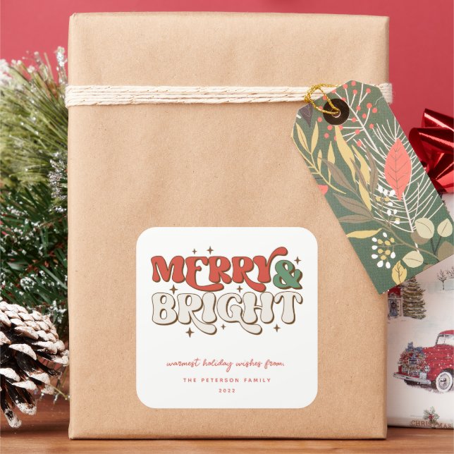 Merry & Bright Retro Christmas Square Sticker (Holiday)