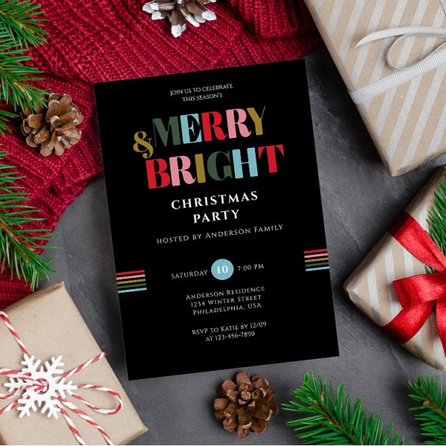Merry & Bright Retro Colorful Black ChristmasParty Invitation (Creator Uploaded)