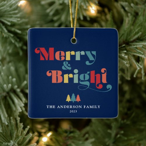 Merry  Bright Retro Colorful Christmas Ceramic Ornament