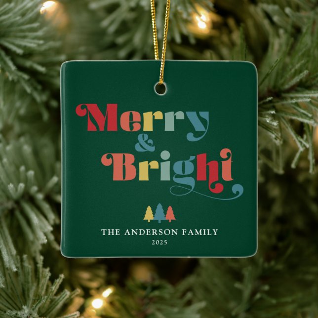 Merry & Bright Retro Colorful Christmas Ceramic Ornament (Tree)