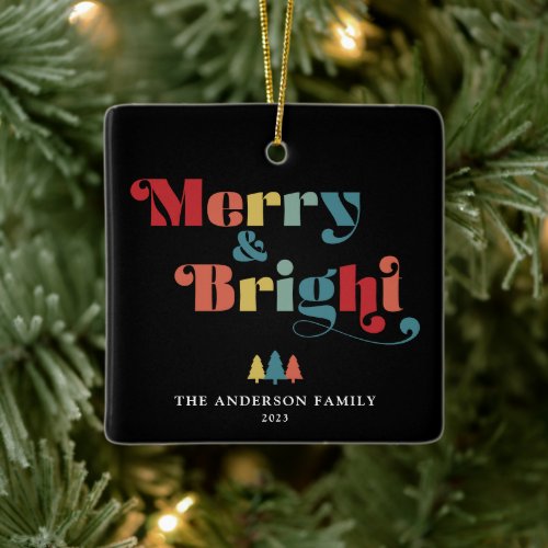 Merry  Bright Retro Colorful Christmas Ceramic Ornament