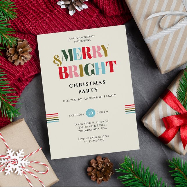 Merry & Bright Retro Colorful Christmas Party Invitation (Creator Uploaded)