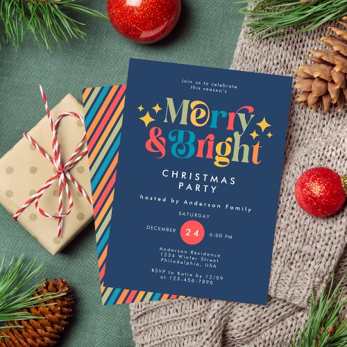 Merry  Bright Retro Colorful Dark Christmas Party Invitation