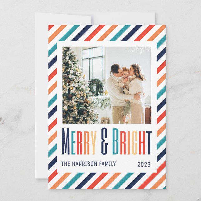 Merry & Bright Retro Colorful Stripes Photo  (Front)