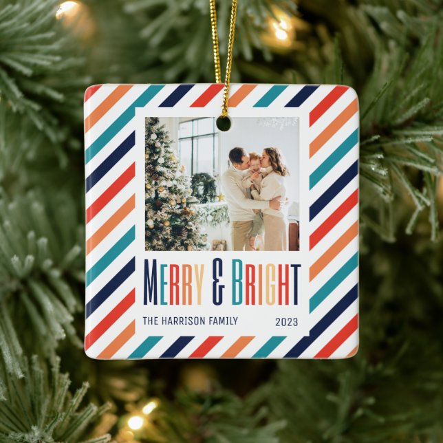 Merry & Bright Retro Colorful Stripes Photo  Ceramic Ornament (Tree)