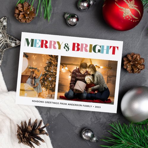 Merry  Bright Retro Colorful Two Photo Christmas  Holiday Card