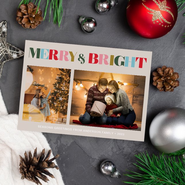 Merry & Bright Retro Colorful Two Photo Christmas  Holiday Card (Creator Uploaded)