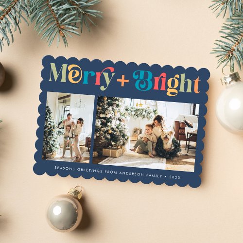 Merry  Bright Retro Colorful Two Photo Christmas Holiday Card