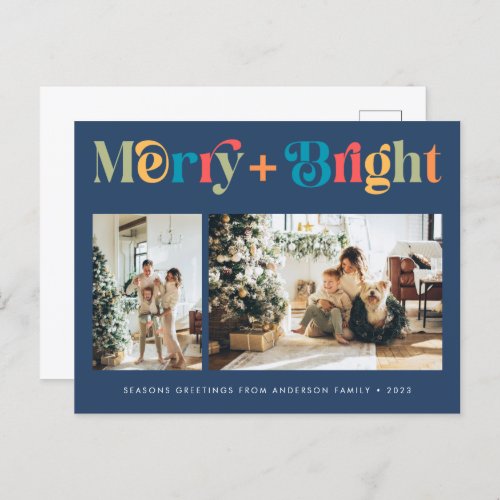Merry  Bright Retro Colorful Two Photo Christmas Holiday Postcard