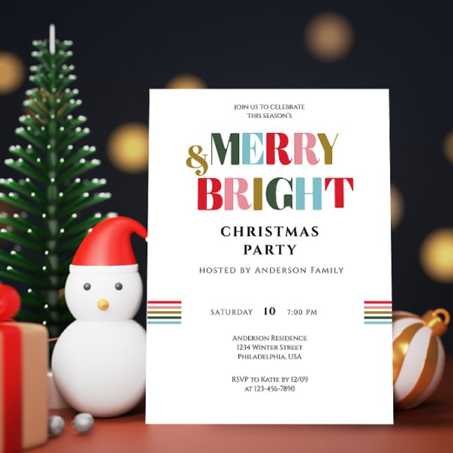 Merry & Bright Retro Colorful White ChristmasParty Invitation (Creator Uploaded)