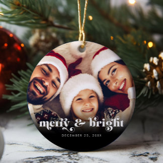 Merry & Bright Retro Copy Family Photo Christmas Ceramic Ornament