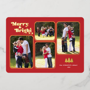 Merry & Bright Retro Gold Foil Photo Red Christmas Foil Holiday Card