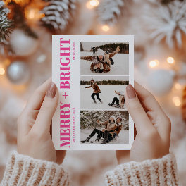 Merry & Bright Retro Hot Pink Christmas Photo Holiday Card