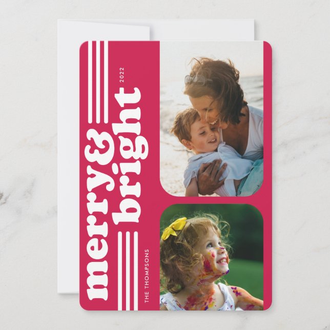 Merry & Bright Retro Magenta Holiday Photo Card (Front)