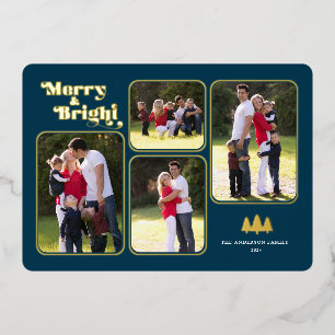 Merry & Bright Retro Photo Blue Christmas Gold Foil Holiday Card
