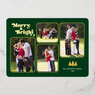 Merry & Bright Retro Photo Green Christmas Gold Foil Holiday Card