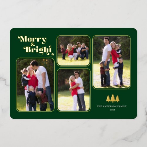 Merry  Bright Retro Photo Green Christmas Gold Foil Holiday Card