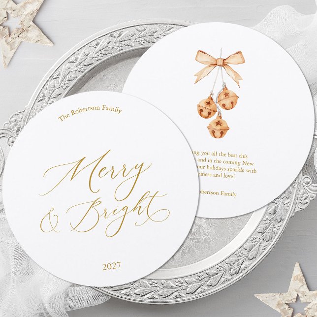 Merry & Bright Round Christmas Card with Bells (Creator Uploaded)