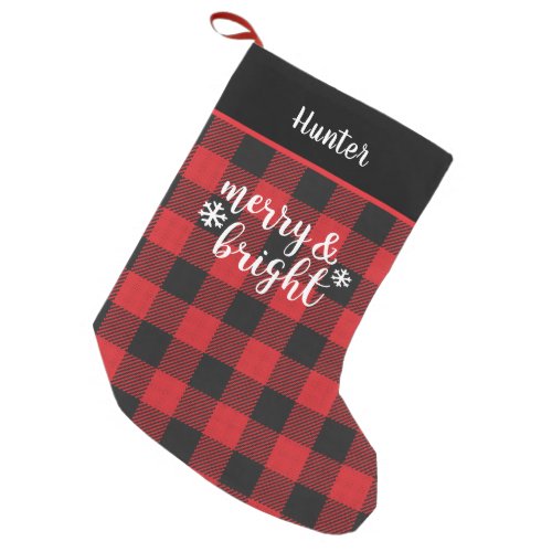 Merry  Bright Rustic  Buffalo Plaid Personalized Small Christmas Stocking