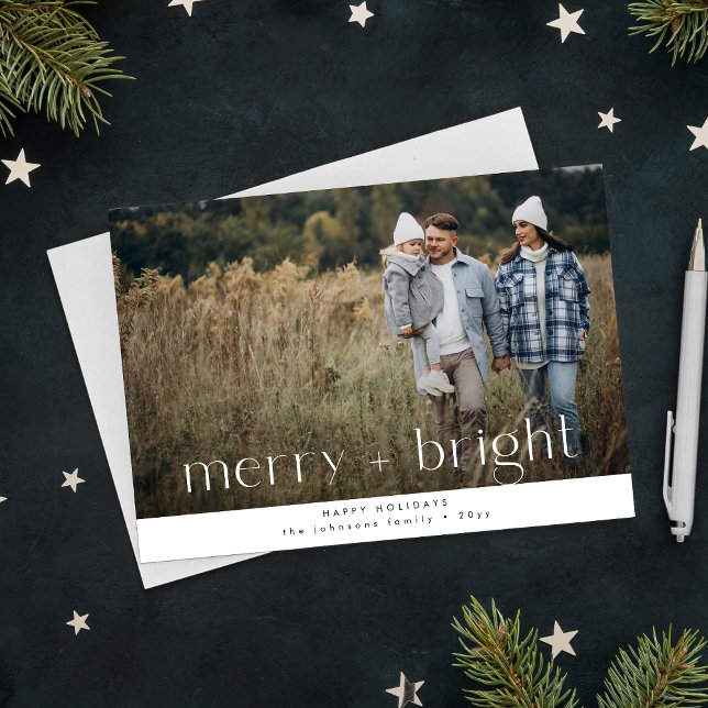 Merry & Bright Rustic Family Christmas Photo Holiday Card (Front)
