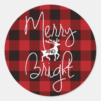 Merry & Bright | Rustic Plaid Classic Round Sticker by RedefinedDesigns at Zazzle
