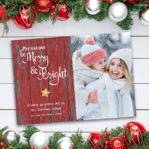 Merry Bright Rustic Red Wood Script Custom Photo Holiday Card