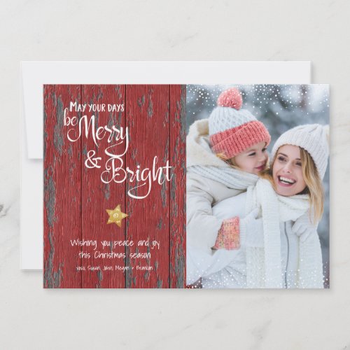 Merry Bright Rustic Red Wood Script Custom Photo Holiday Card