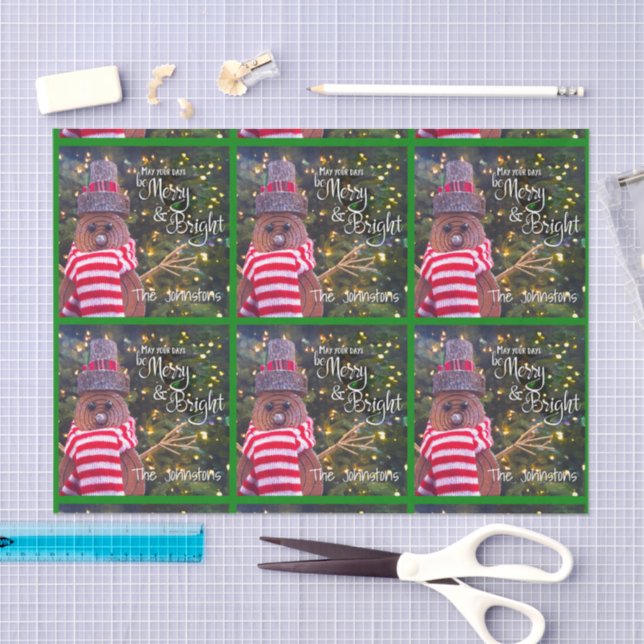 Merry Bright Rustic Snowman Name Green Pattern Tissue Paper (Craft)