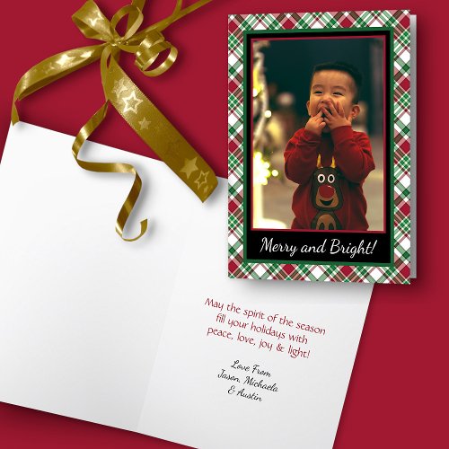 Merry  Bright Rustic Tartan or Plaid Photo Holiday Card