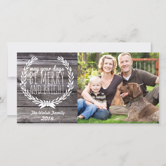 Merry & Bright Rustic Wood Holiday Card (Front)