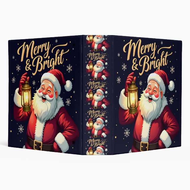 Merry Bright Santa Holding Lantern Illustration 3 Ring Binder (Background)
