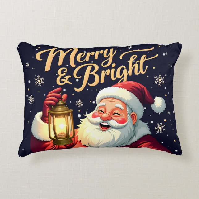 Merry Bright Santa Holding Lantern Illustration Accent Pillow (Front)