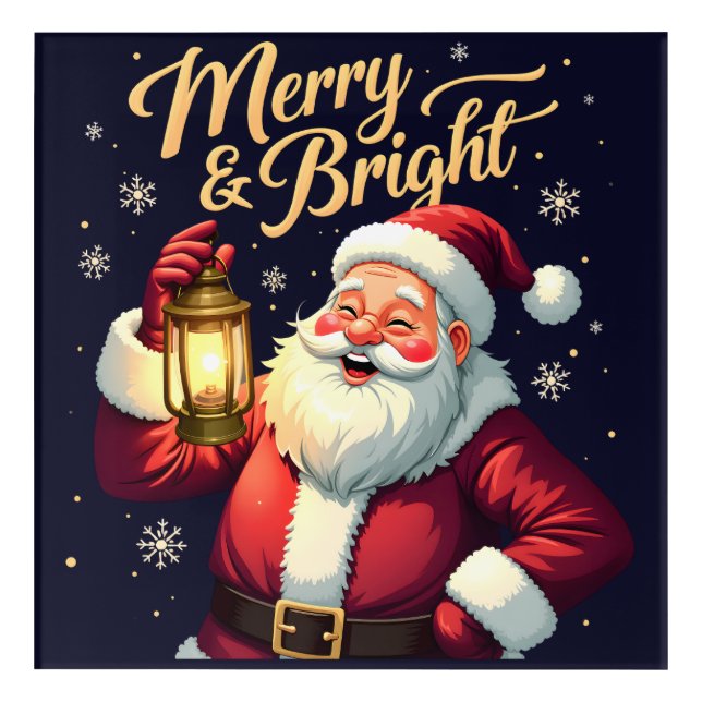 Merry Bright Santa Holding Lantern Illustration Acrylic Print (Front)