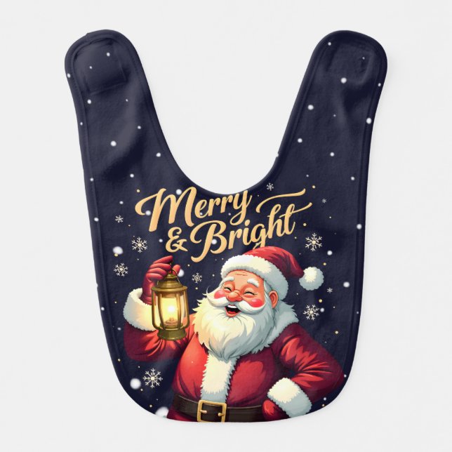 Merry Bright Santa Holding Lantern Illustration Baby Bib (Front)