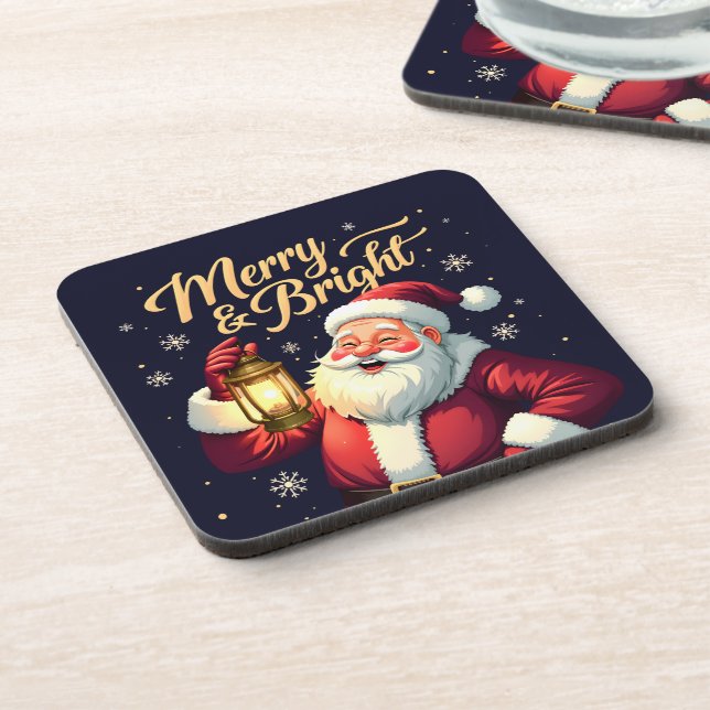 Merry Bright Santa Holding Lantern Illustration Beverage Coaster (Left Side)