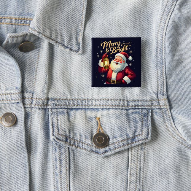 Merry Bright Santa Holding Lantern Illustration Button (In Situ)